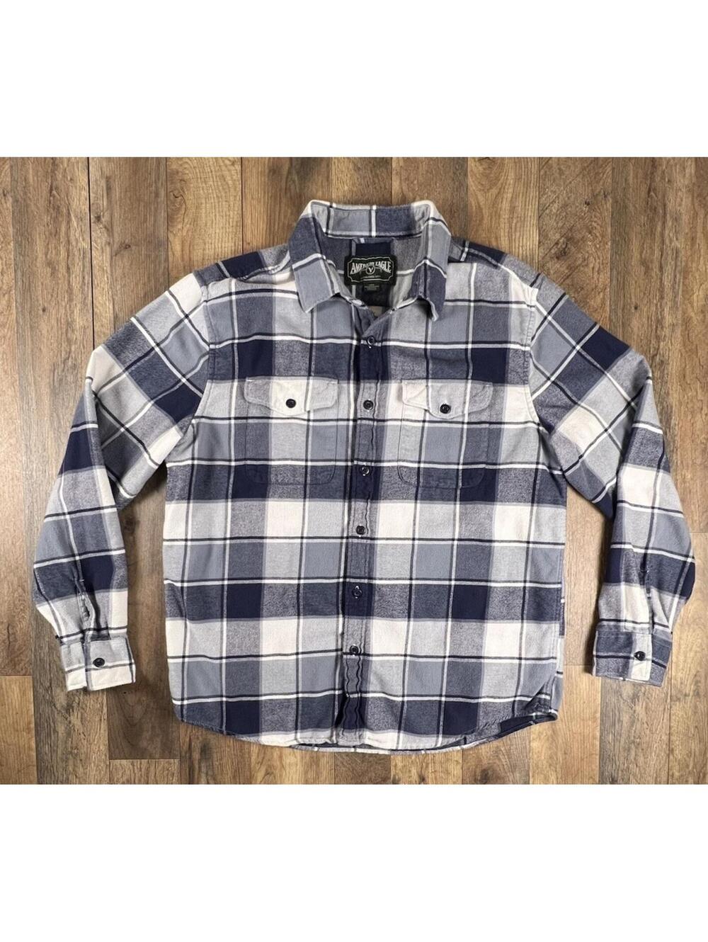 American Eagle Shirt AE Men's Large Blue Plaid Flannel Soft Button Up Pockets